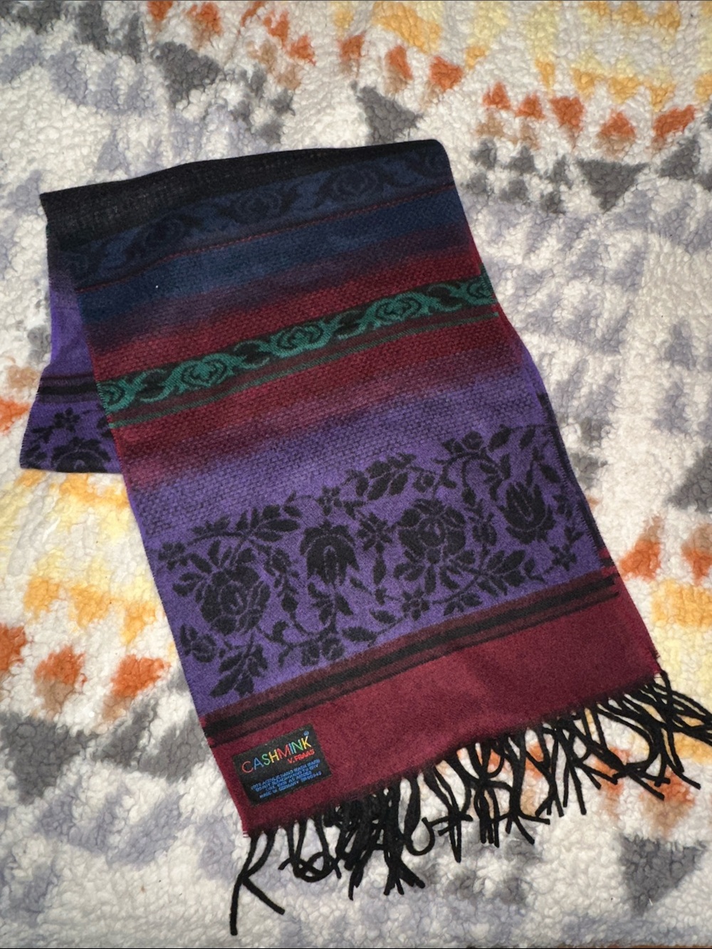 Cashmink by V. Fraas Floral Fringe Scarf Purple Burgundy Made in Germany